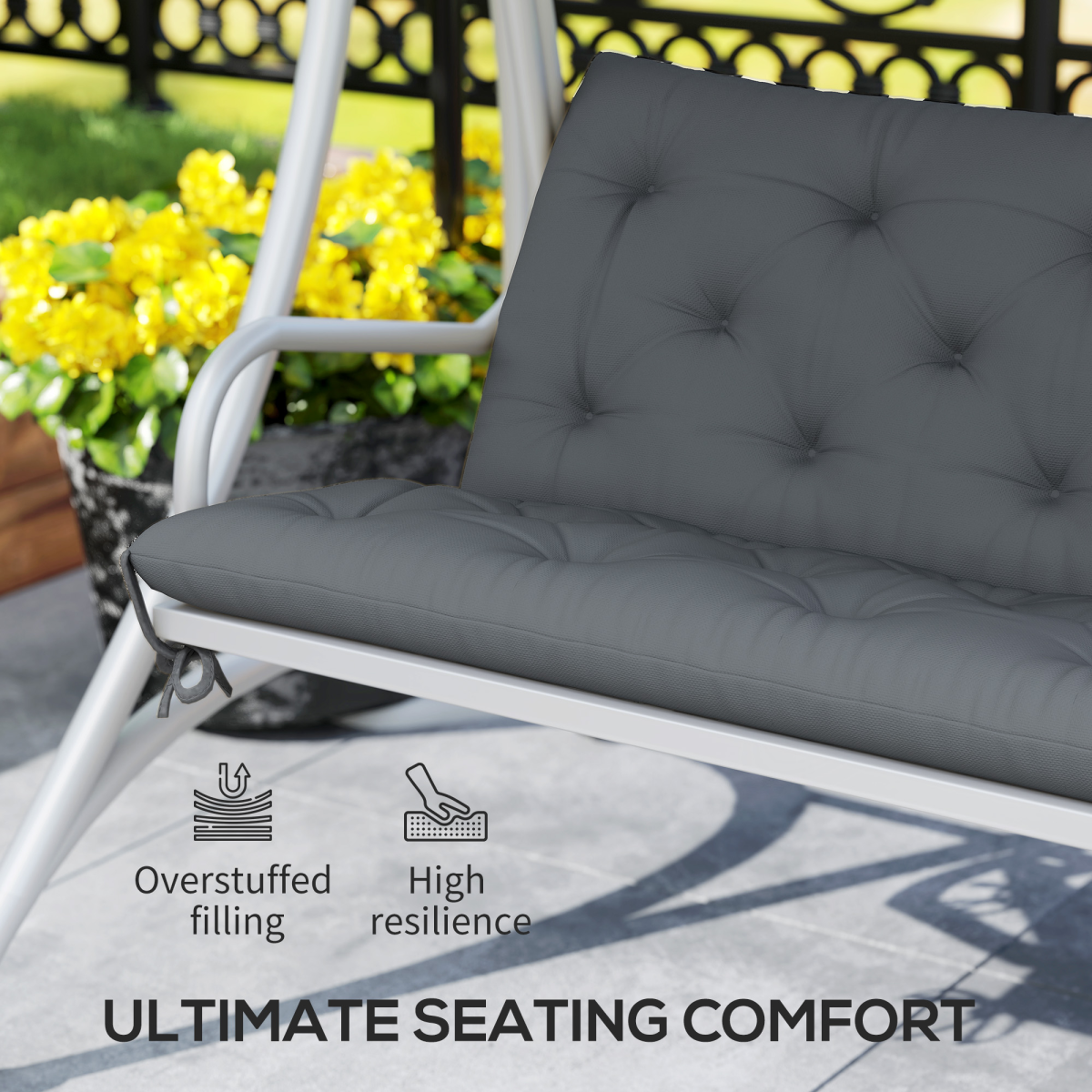 3 Seater Garden Bench Cushion Outdoor Seat Pad with Ties Dark Grey