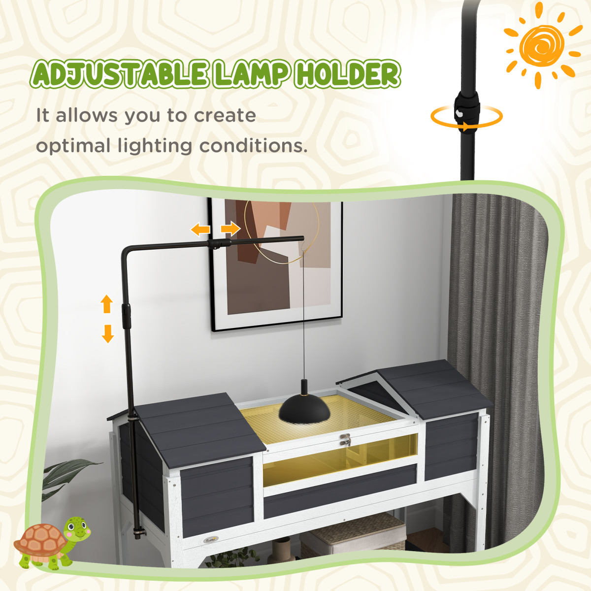 PawHut Tortoise House w/ Adjustable Lamp Holder, Openable Lid, Dual Main Houses