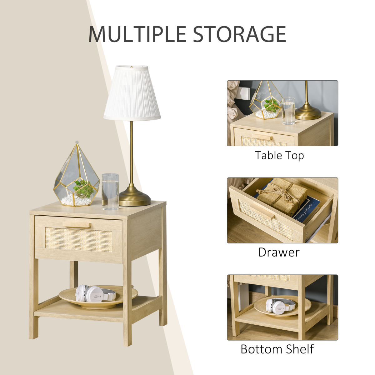 Bedside Table Nightstand W/ Rattan Drawer Storage Shelf Bedroom Living Room