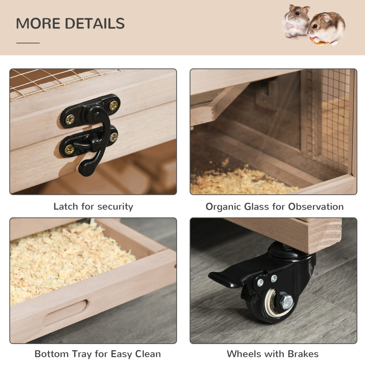 3-Tier Wooden Hamster Cage, Roden Small Animals Hutch, Ladders, Natural Wood