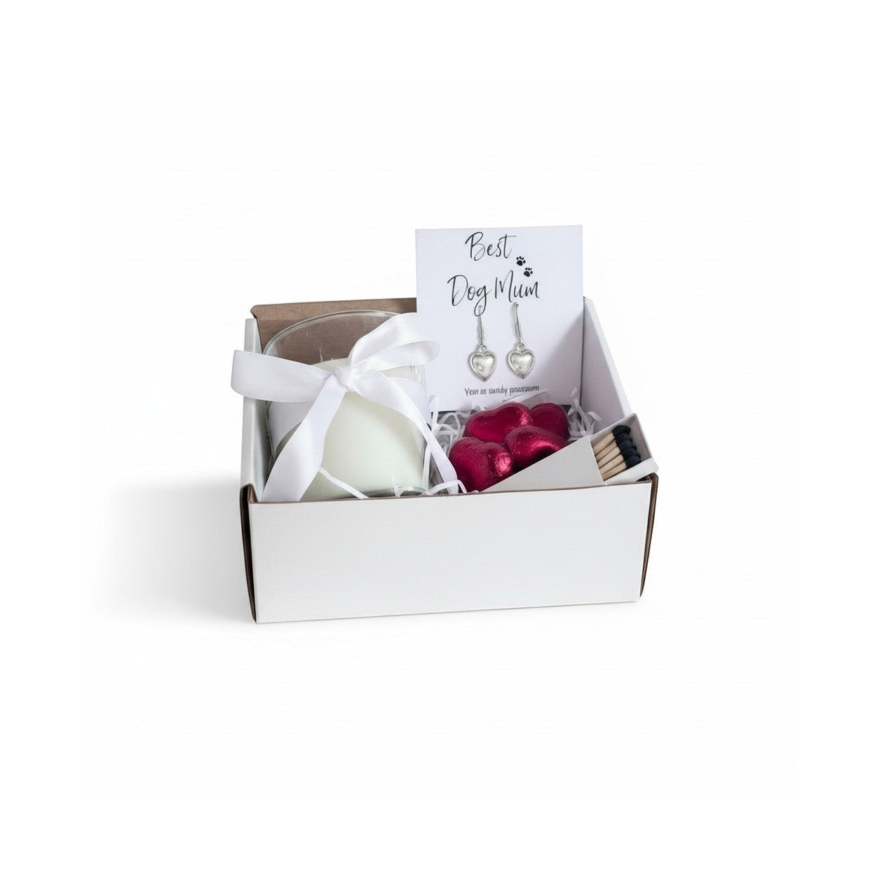 Small Best Dog Mum Gift Hamper Heart Earrings Chocolates & Candle