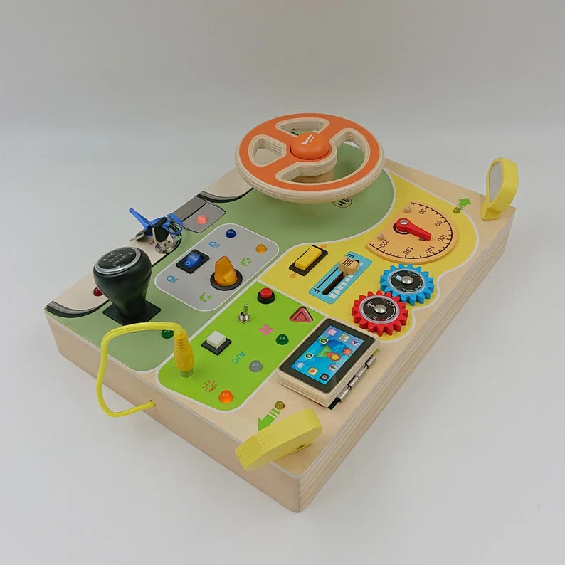 Natural Wood Car Driving Steering Wheel Montessori Busy Board with LED Lights, Engine Sounds, and Key Turn, Sensory Toy for Motor Skill Cognition Game