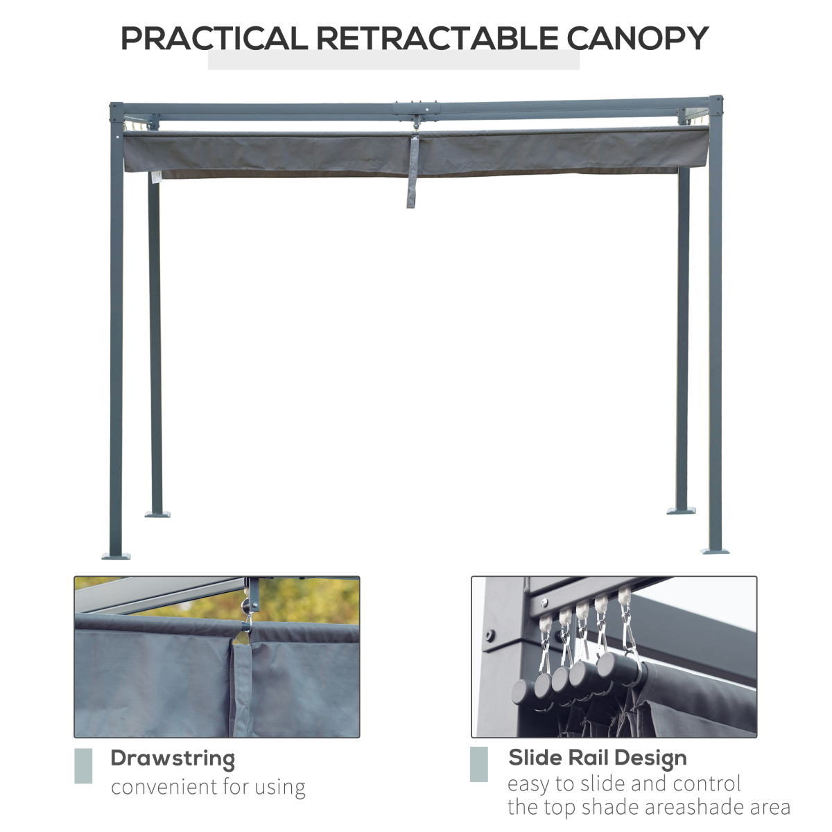 4 x 3m Metal Pergola Gazebo Patio Sun Shelter Retractable Canopy Grey Outsunny