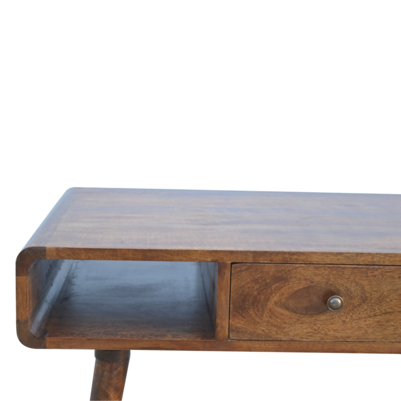 Artisan Furniture Solid Wood Curved Chestnut Coffee Table, 2 Drawers, 2 Open Slots, Dark Brown
