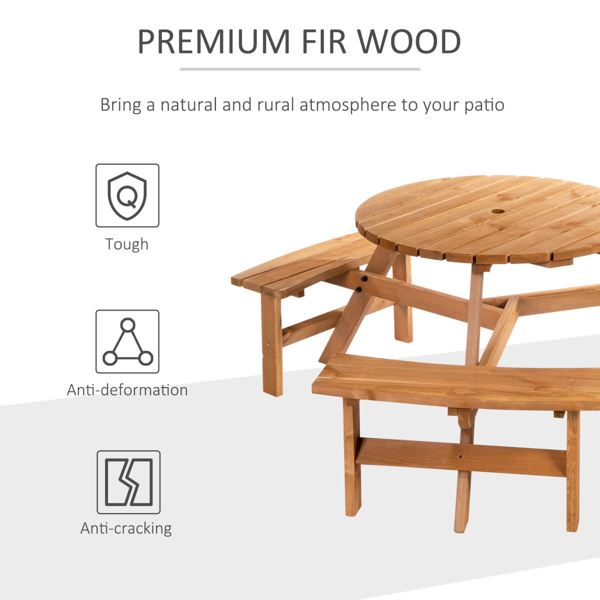 Outsunny Round Table W/3 Attached Benches-Fir Wood