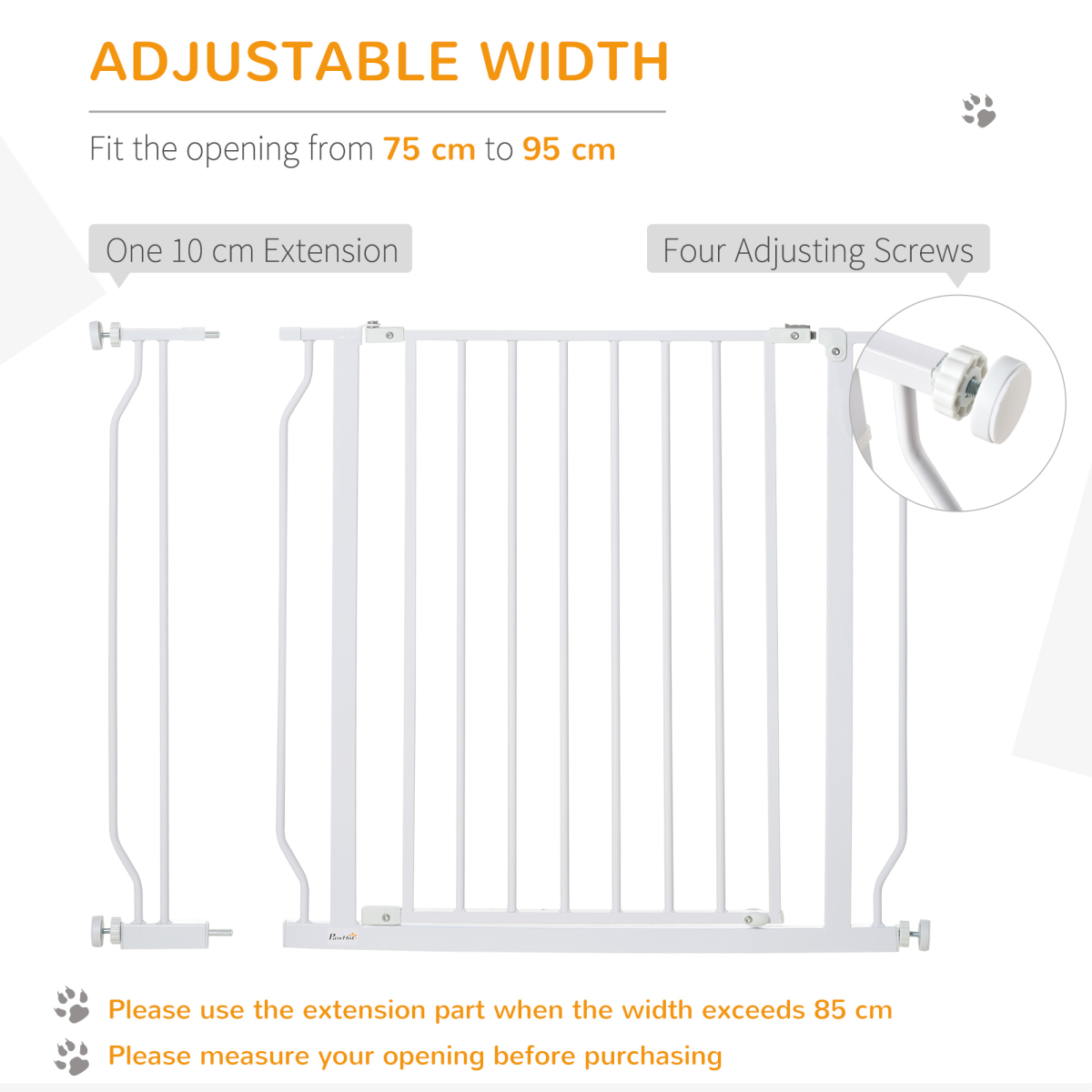PawHut Dog Gate Wide Stair Gate with Door Pressure Fit, 75-95W cm, White
