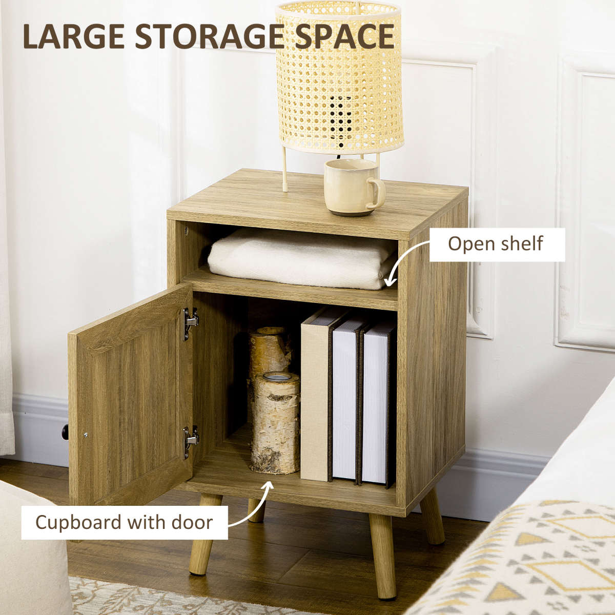 HOMCOM Nightstand, Rattan Bedside Table w/ Cabinet, Shelf, Natural