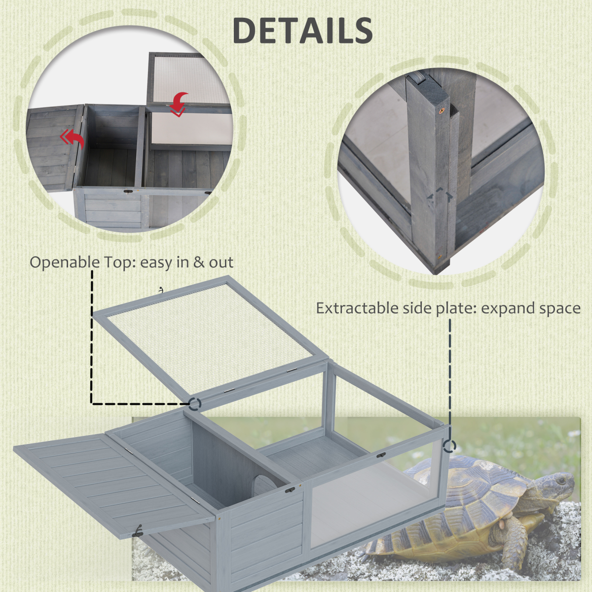 Tortoise House with Mesh Roof, Small Pet Reptile Wooden House, Grey