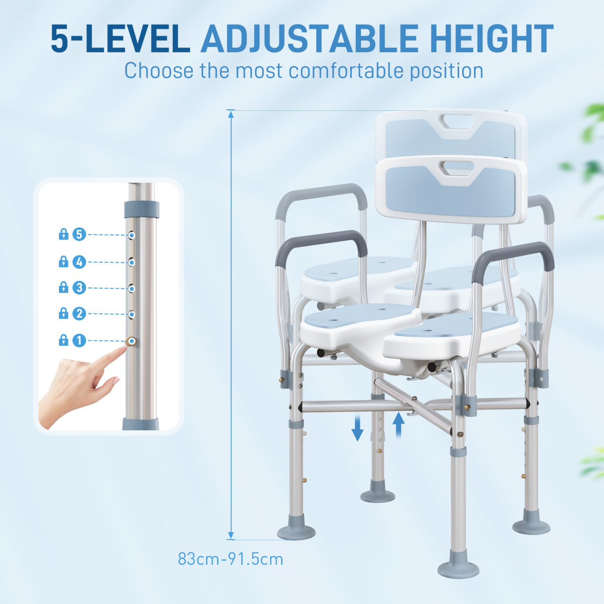 HOMCOM Padded Bath Chair with Slotted Seat and Adjustable Height, Light Blue