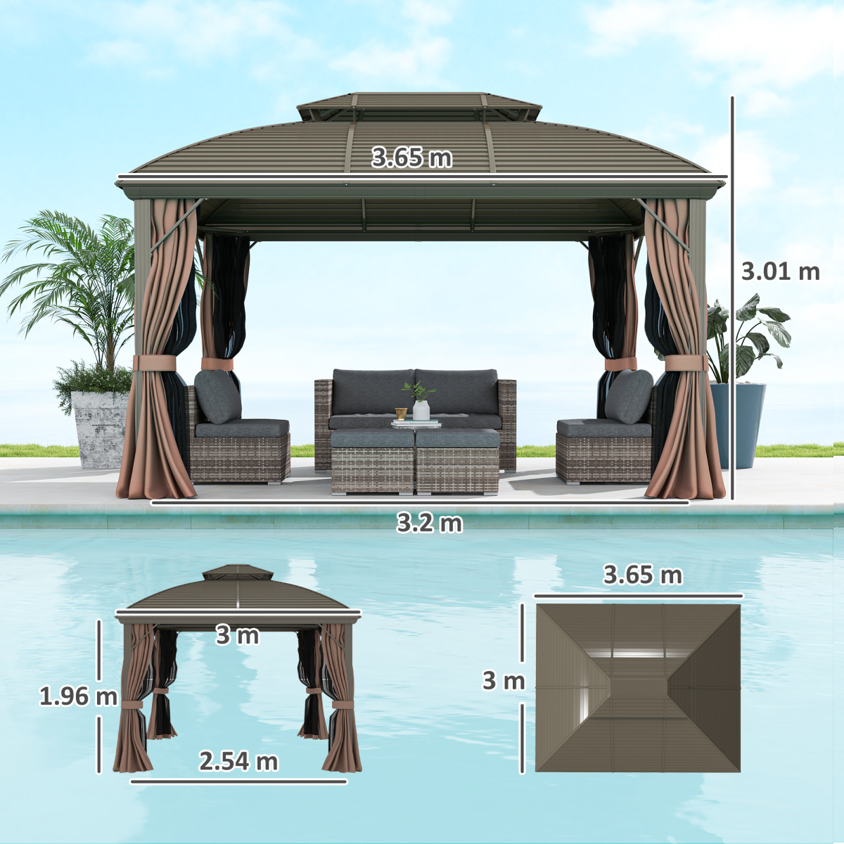 Outsunny 3.65 x 3(m) Aluminium Outdoor Gazebo w/ Hardtop Double Roof, Coffee