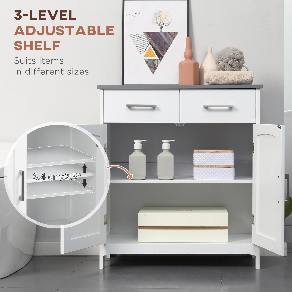 kleankin Freestanding Bathroom Cabinet with 2 Drawers 2 Doors Adjustable Shelf