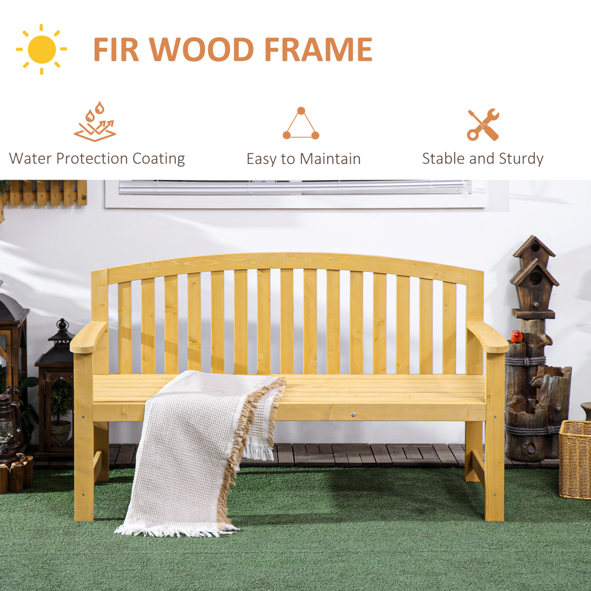 2 Person Garden Bench Wooden Outdoor Furniture with Armrest Orange