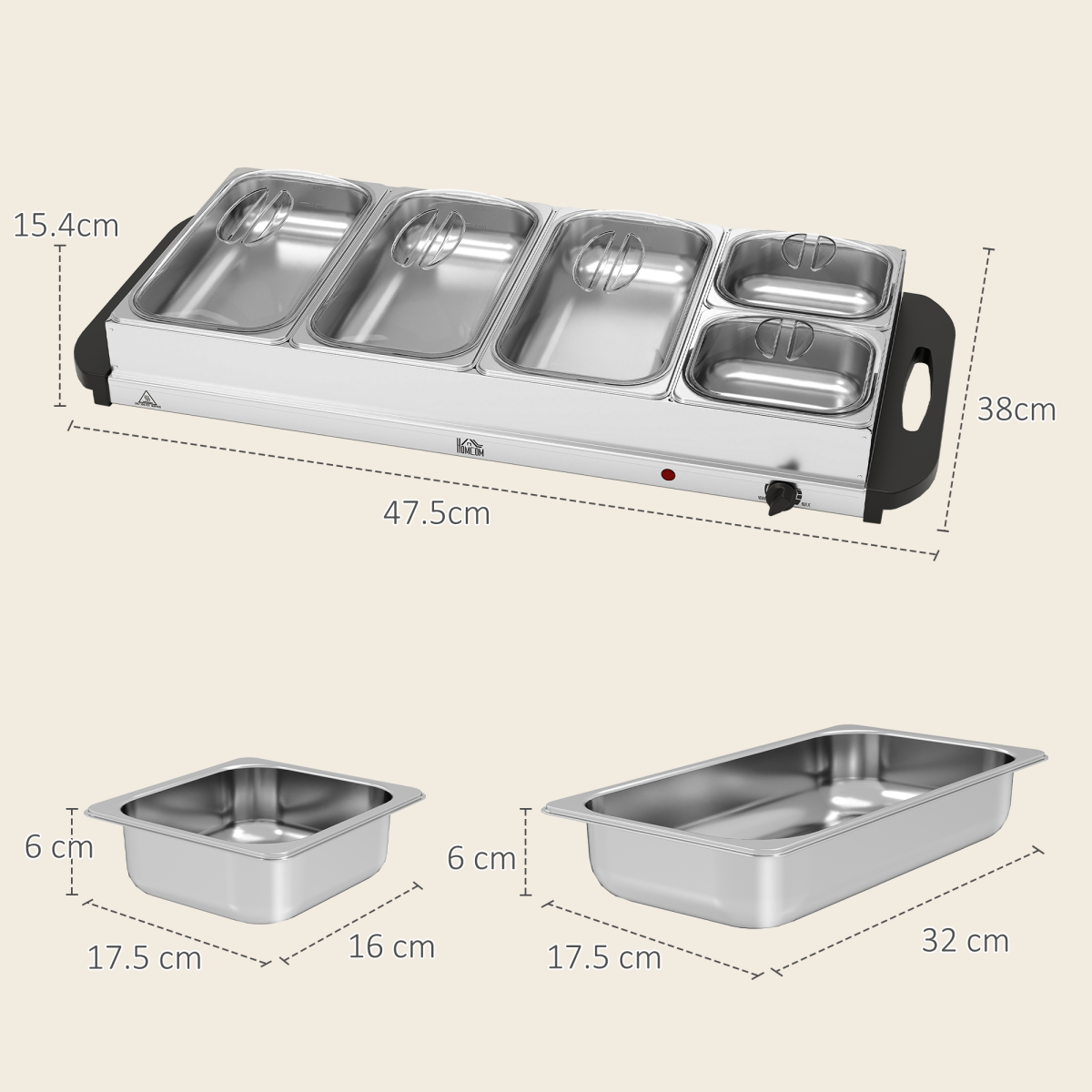 HOMCOM Electric Food Warmer 5 Tray, 9.2L Buffet Server with Lids, Silver