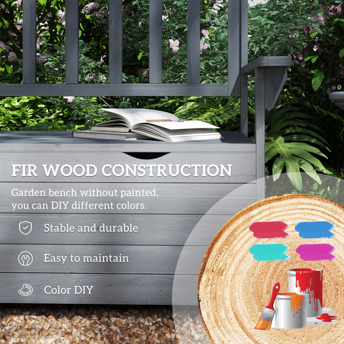 Outsunny Garden Storage Bench, 2 Seater Fir Wood Outdoor Bench, Dark Grey