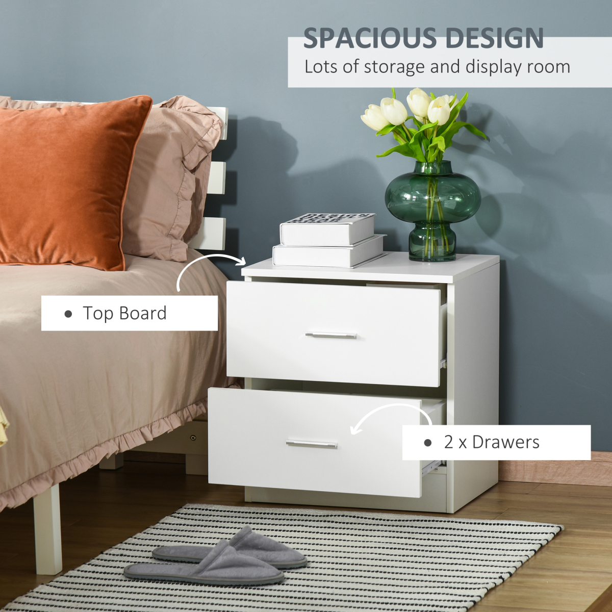 Bedside Table w/ 2 Drawers, Nightstand, Side Storage Cabinet Unit