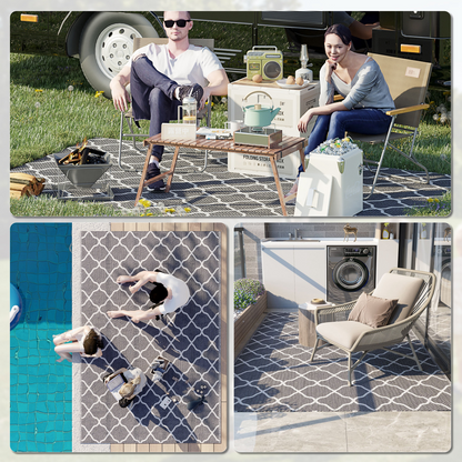 Reversible Outdoor Rug W/ Carry Bag for RV Camping Beach, 182 x 274 cm, Grey