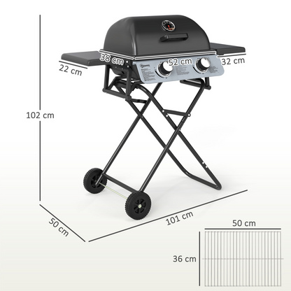 Outsunny Portable Foldable Gas Barbecue Grill with Thermometer, Lid, Black