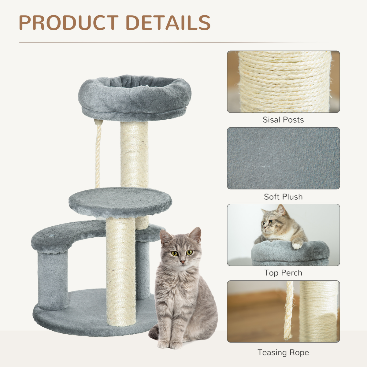 Cat Tree Scratcher Kitty Activity Play Center Post 2 Perch w/ Hanging Sisal Rope