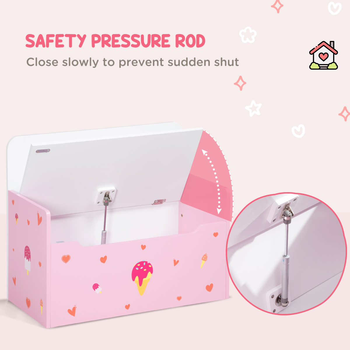 Two-In-One Wooden Toy Box, Kids Storage Bench w/ Safety Rod - Pink