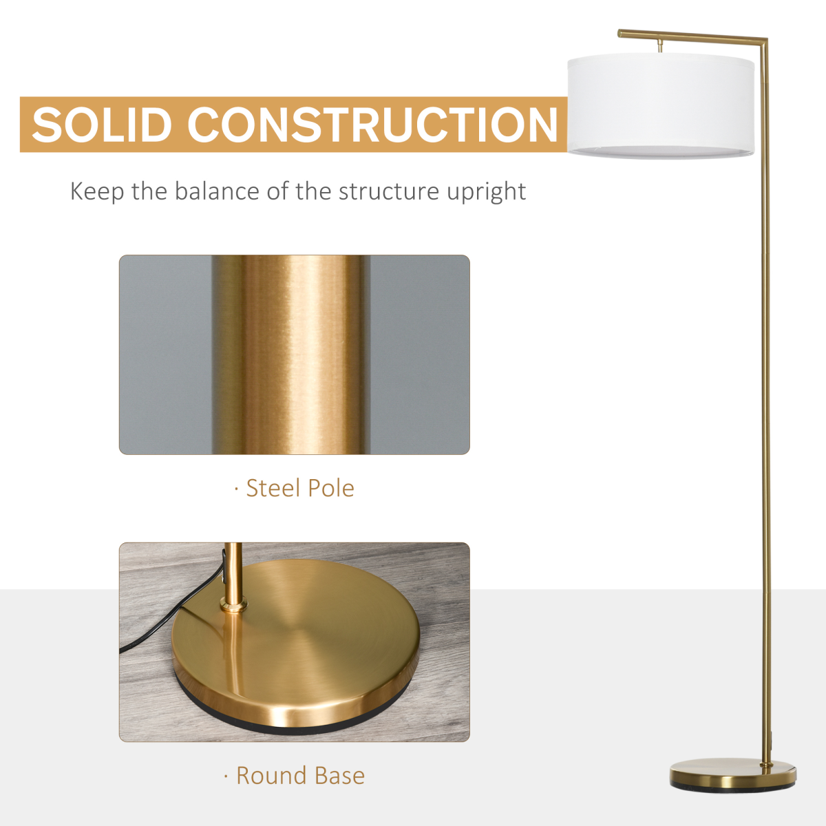Floor Lamp with Linen Lampshade Round Base for Living Room Bedroom HOMCOM