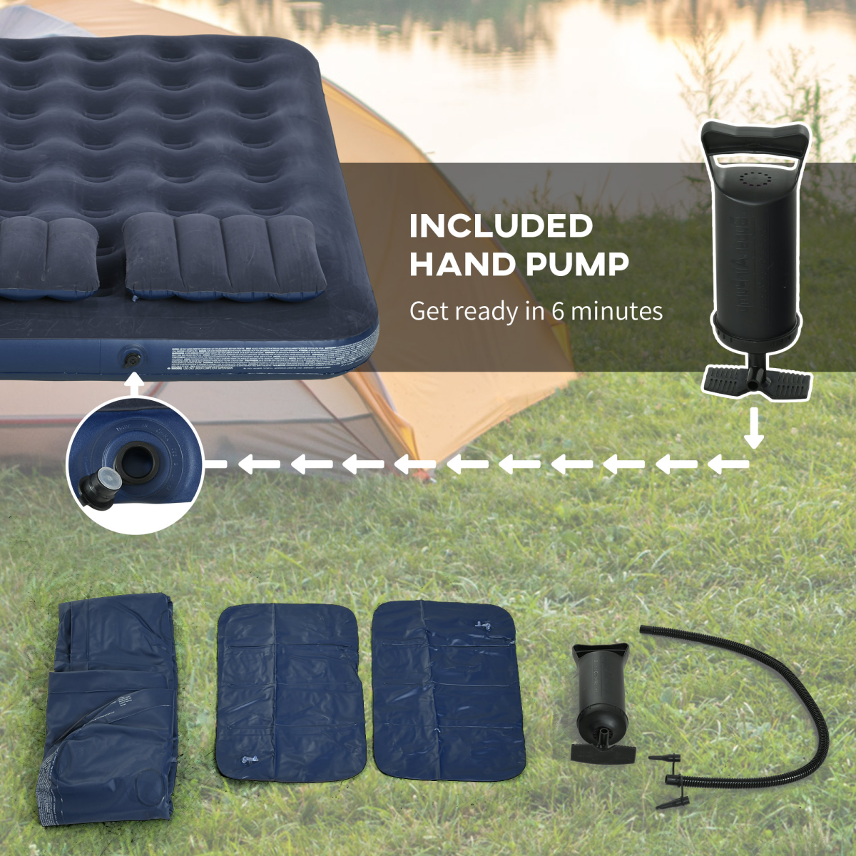 Outsunny Queen Inflatable Mattress with Hand Pump, Pillows, 203 x 152 x 22cm