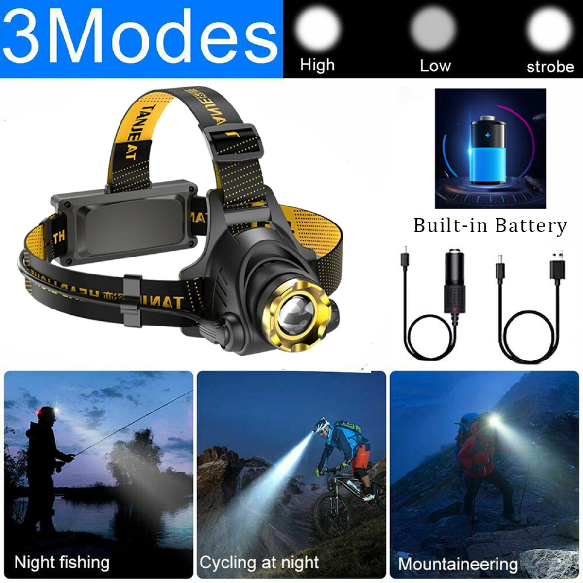 (2 Pack) USB Rechargeable LED Headlamp 3 Modes Head Torch Zoomable Headlight+Car Charger+USB Cable