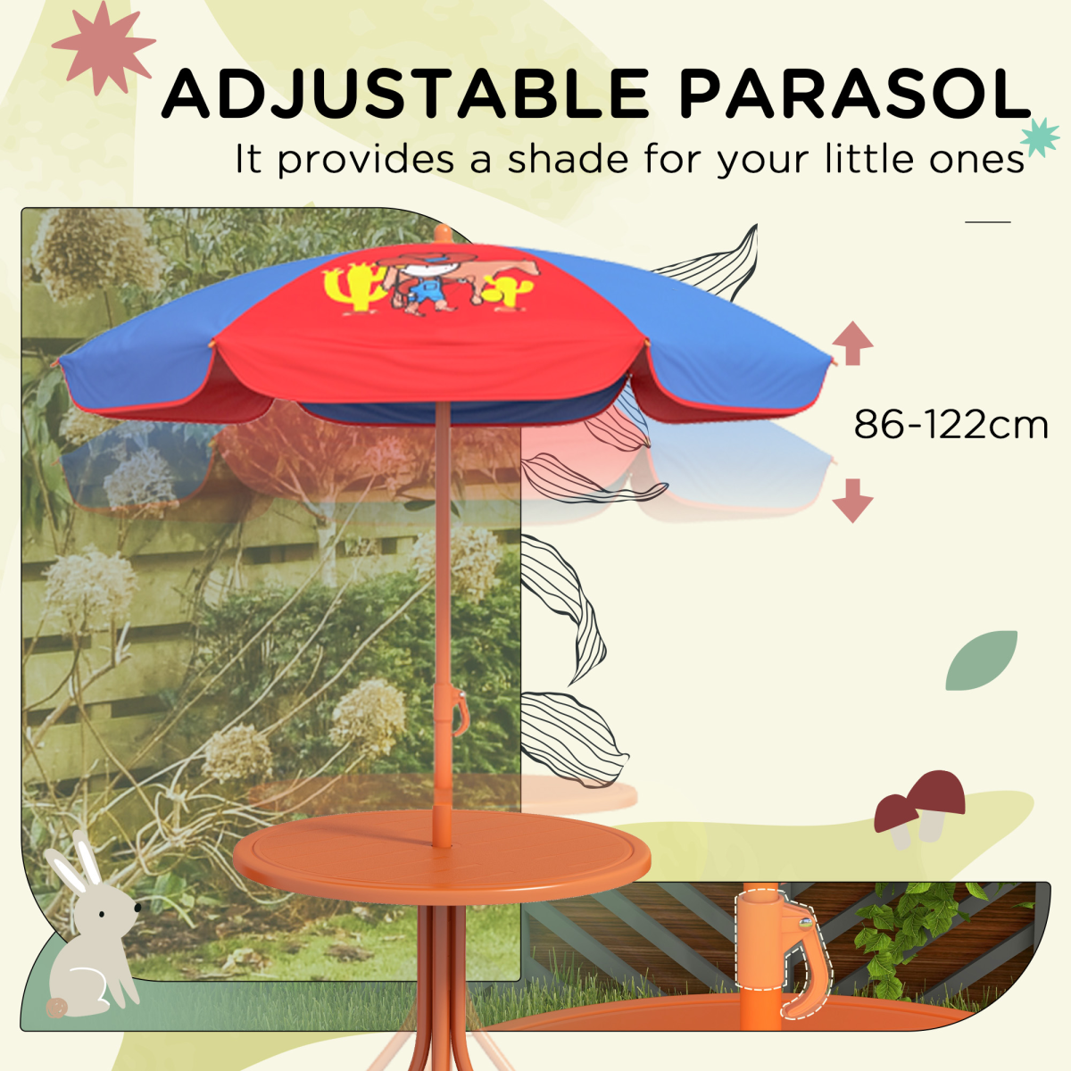 Outsunny Kids Bistro Table and Chair Set with Cowboy Theme, Adjustable Parasol