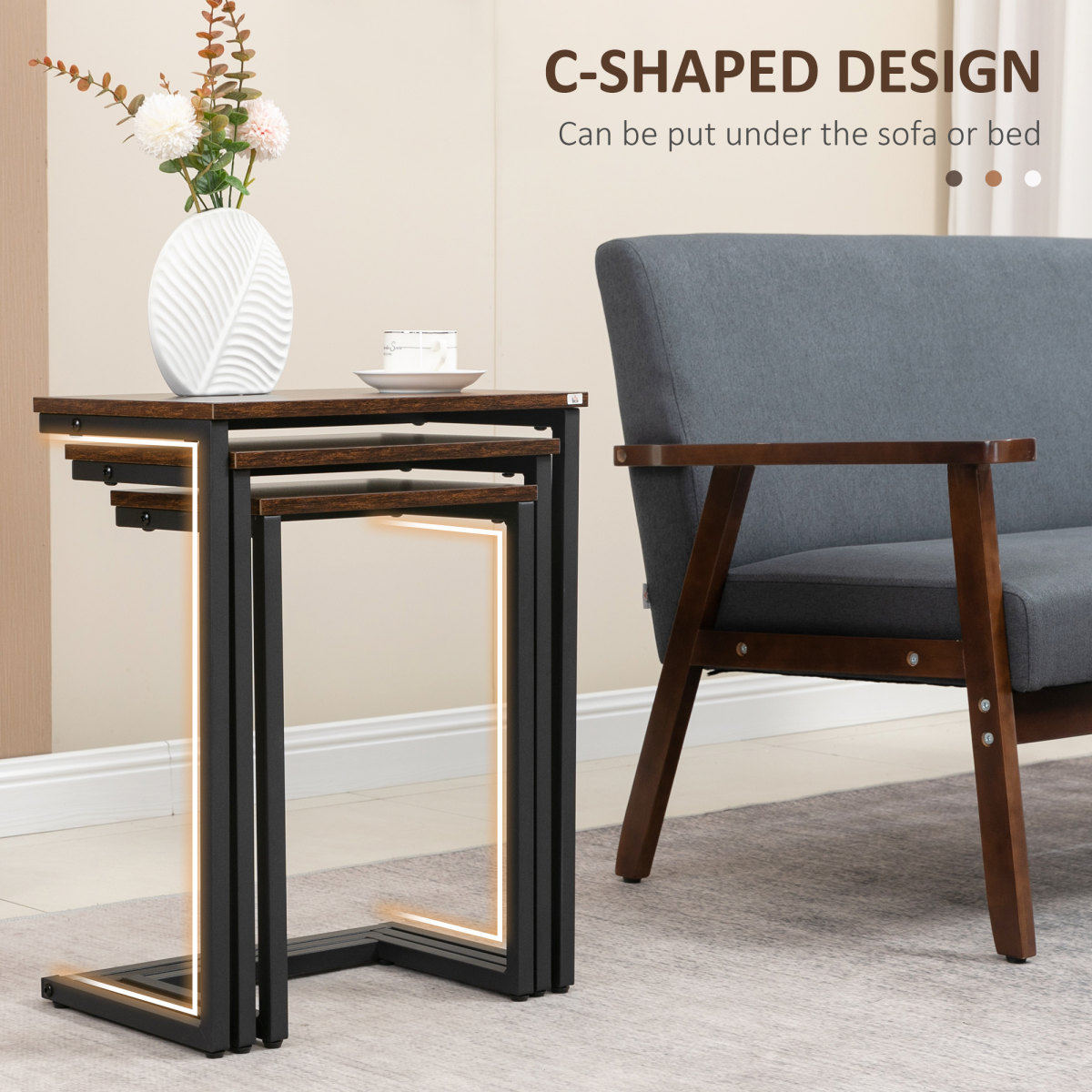 HOMCOM C-Shaped Nesting Tables Set of 3 with Steel Frame, Rustic Brown