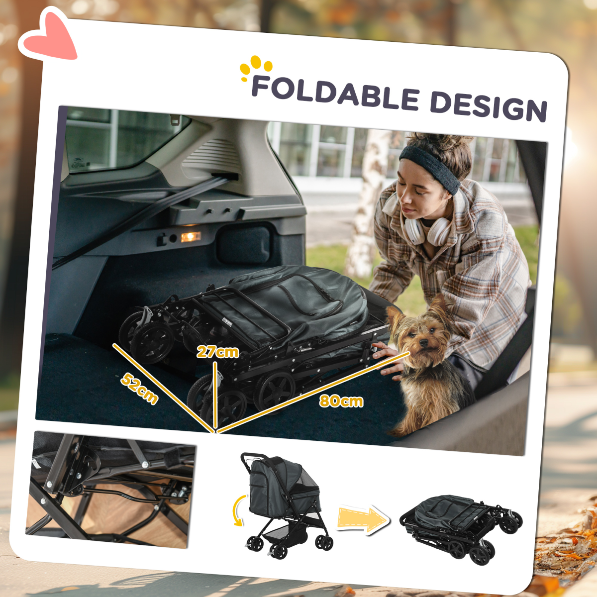 PawHut Pet Stroller Dog Foldable Travel Carriage with Reversible Handle, Grey