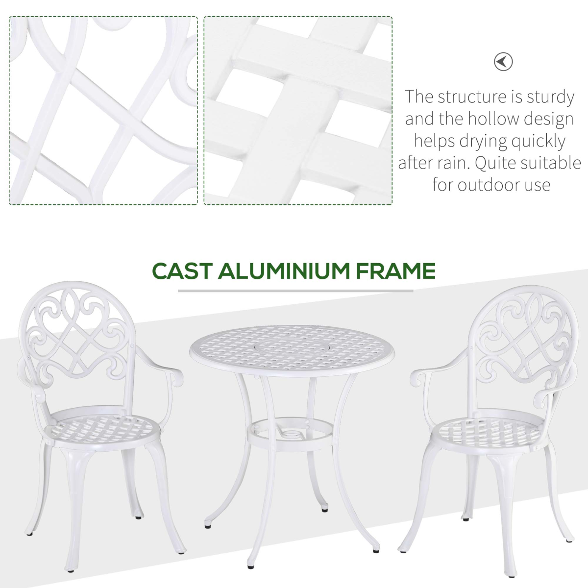 Outsunny 3PCs Garden Bistro Set Cast Aluminium Round Table with 2 Chairs White