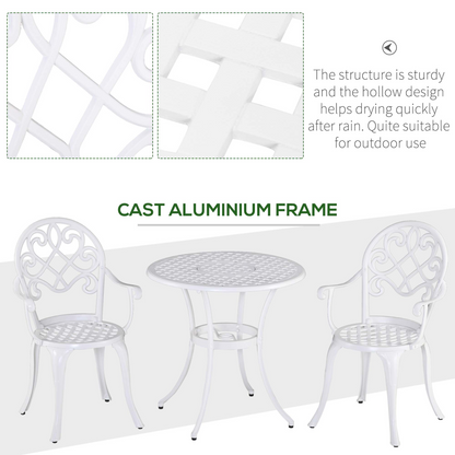 Outsunny 3PCs Garden Bistro Set Cast Aluminium Round Table with 2 Chairs White
