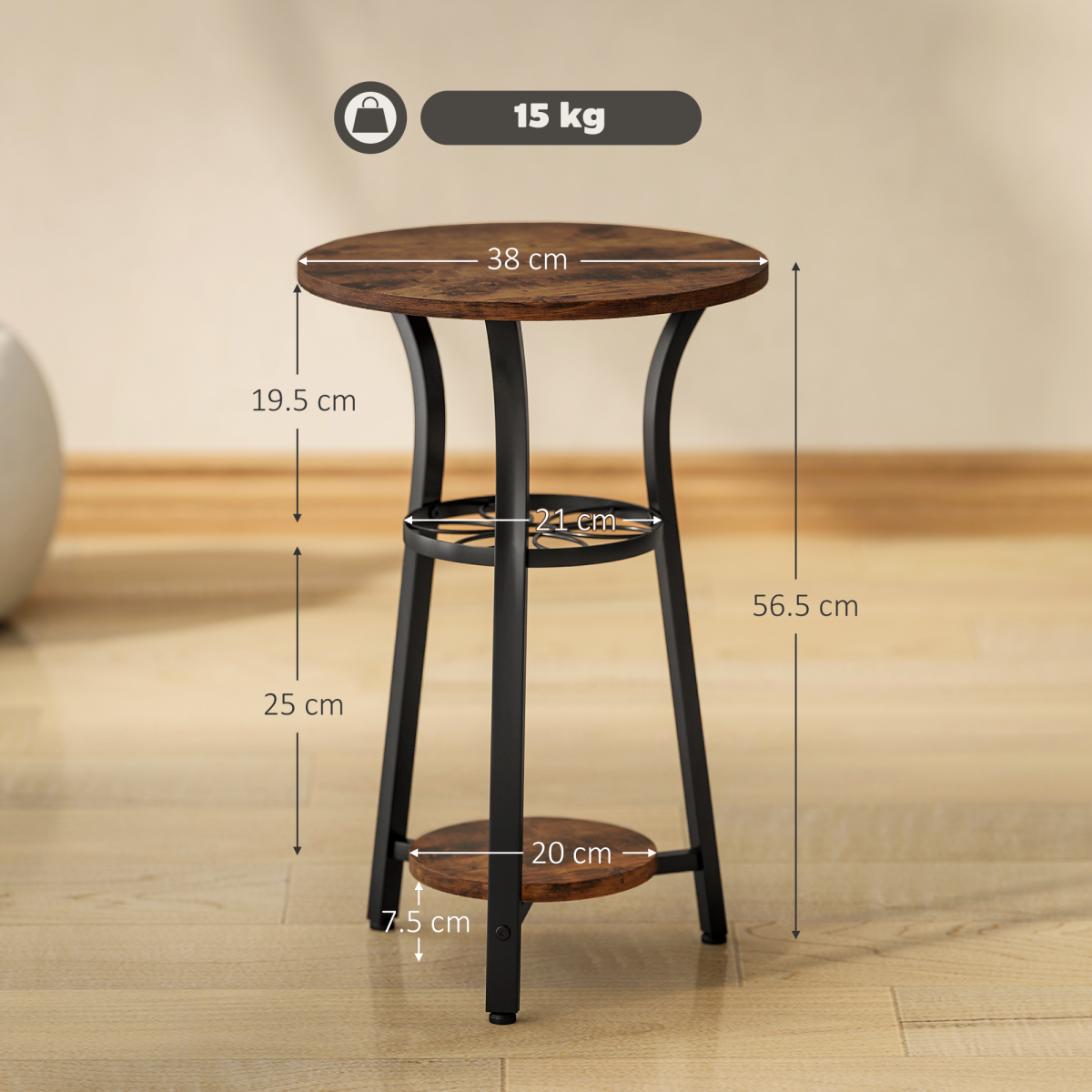 HOMCOM 3-Tier Small End Table Industrial 38 cm Round Side Table Rustic Brown