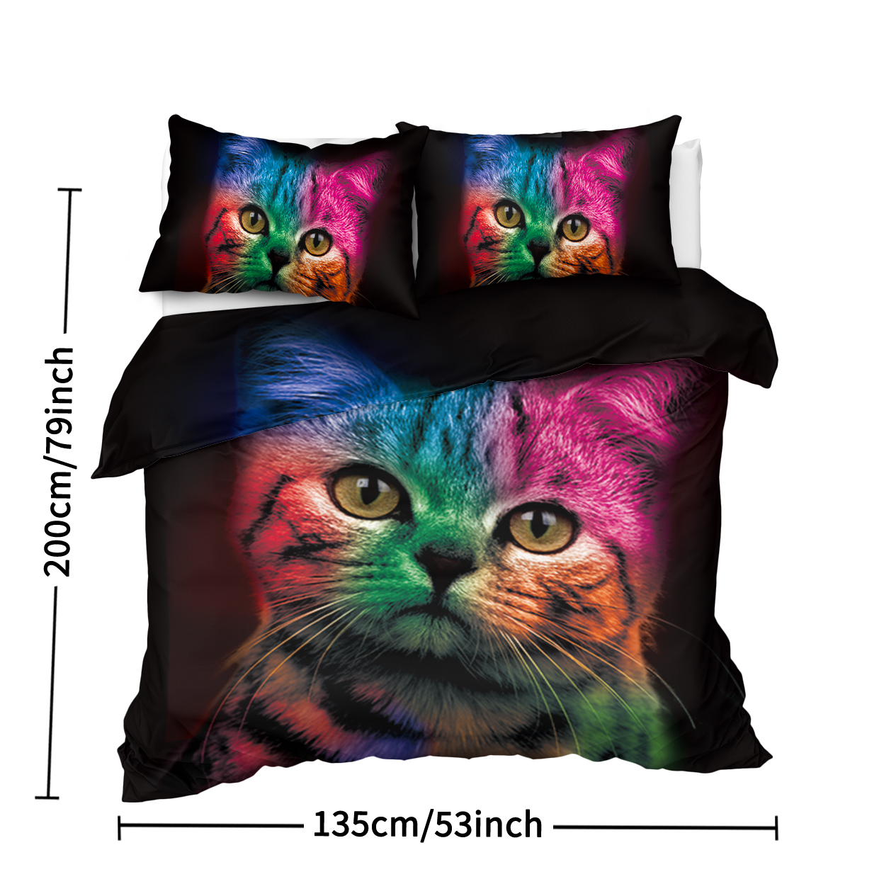 Cat Bedding for Kids Girls Boys Cute Colorful Cat Pattern Quilt Cover Bedspread 3 Piece Bold Color Black Animal Duvet Cover Set for Single Bed