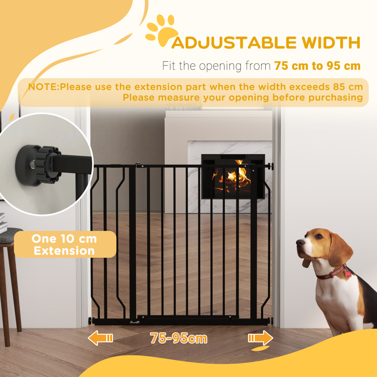 PawHut Dog Gate Wide Stair Gate with Door Pressure Fit, 75-95W cm, Black