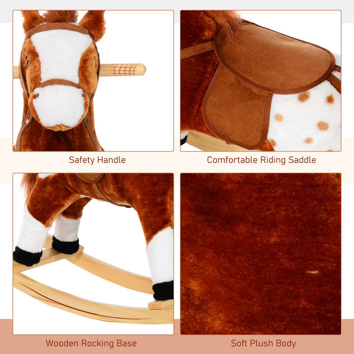 Rocking Horse Toy Plush Wood Pony Riding Rocker Neigh Sound Brown
