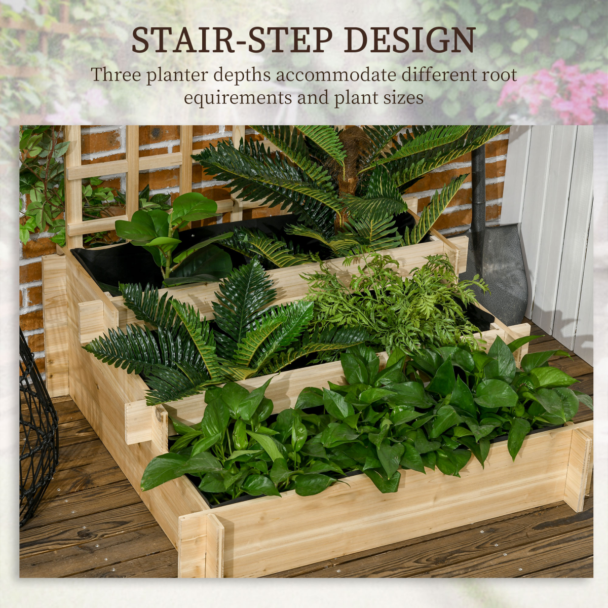 Outsunny 3 Tier Wooden Garden Planters with Trellis for Vine Climbing Plants