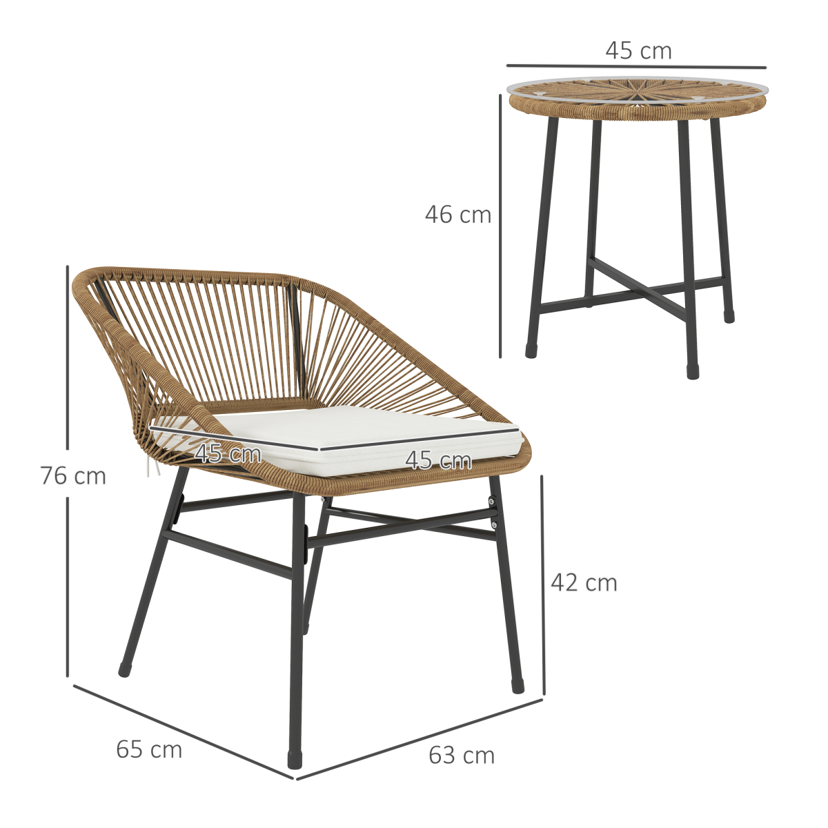 Outsunny Rattan Bistro Set, Small Balcony Furniture with Cushion, Light Grey