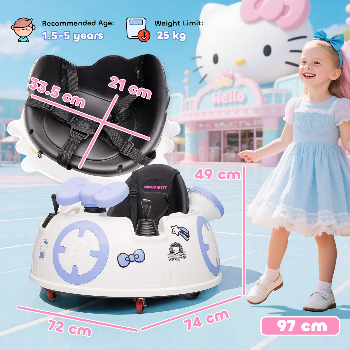 AIYAPLAY Hello Kitty Kids Ride on Bumper Car with Remote Control, White