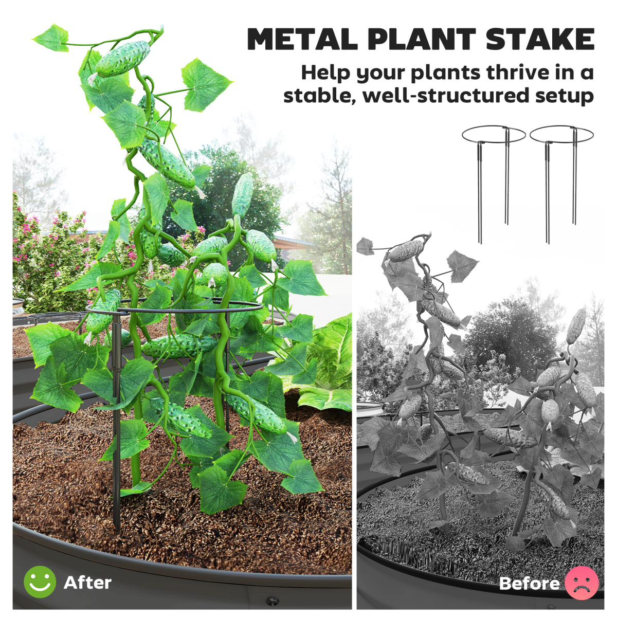Outsunny Set of 2 Raised Beds for Garden with Metal Plant Stakes, Dark Grey