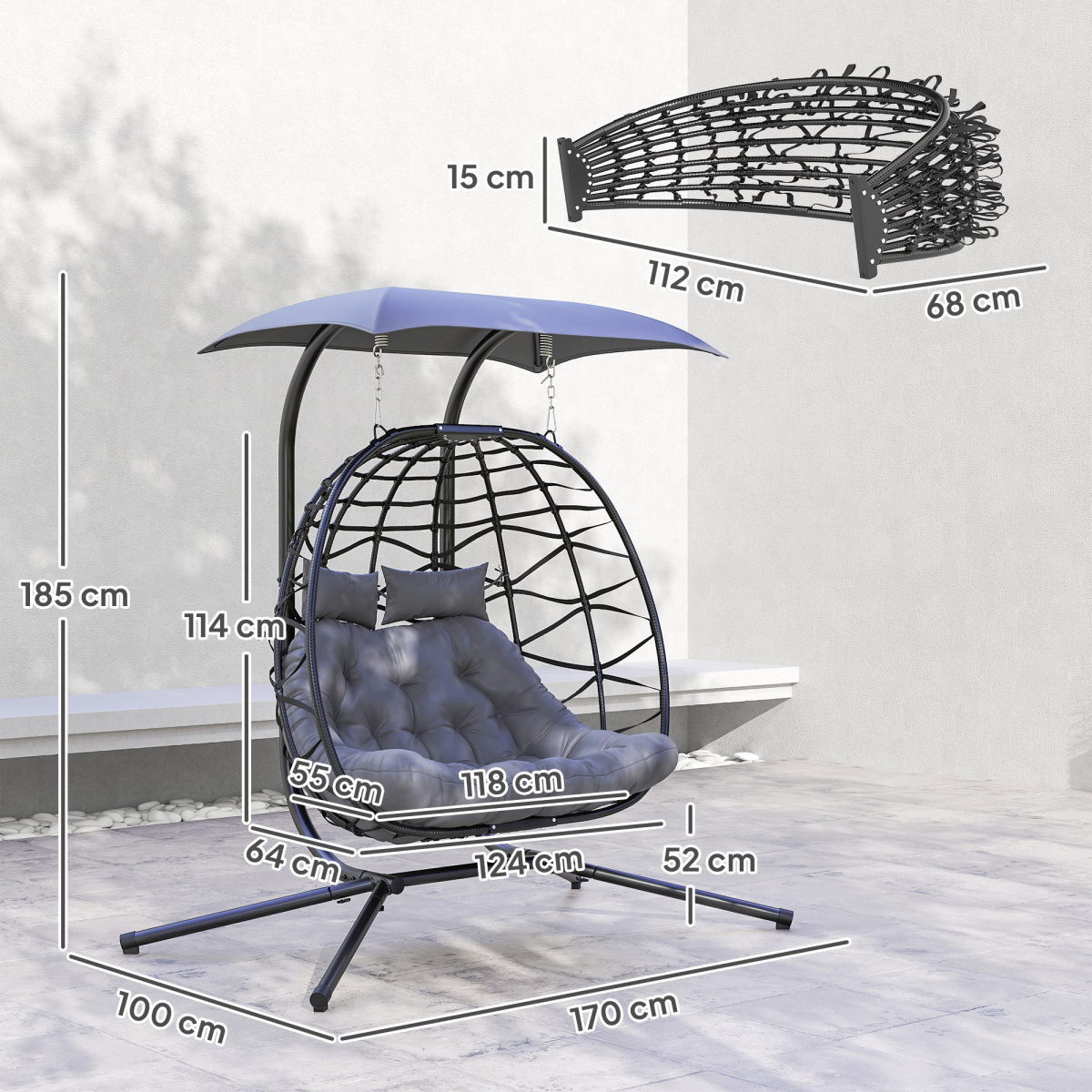 Outsunny Rattan Double Hanging Egg Chair with Canopy, Cushion, Black