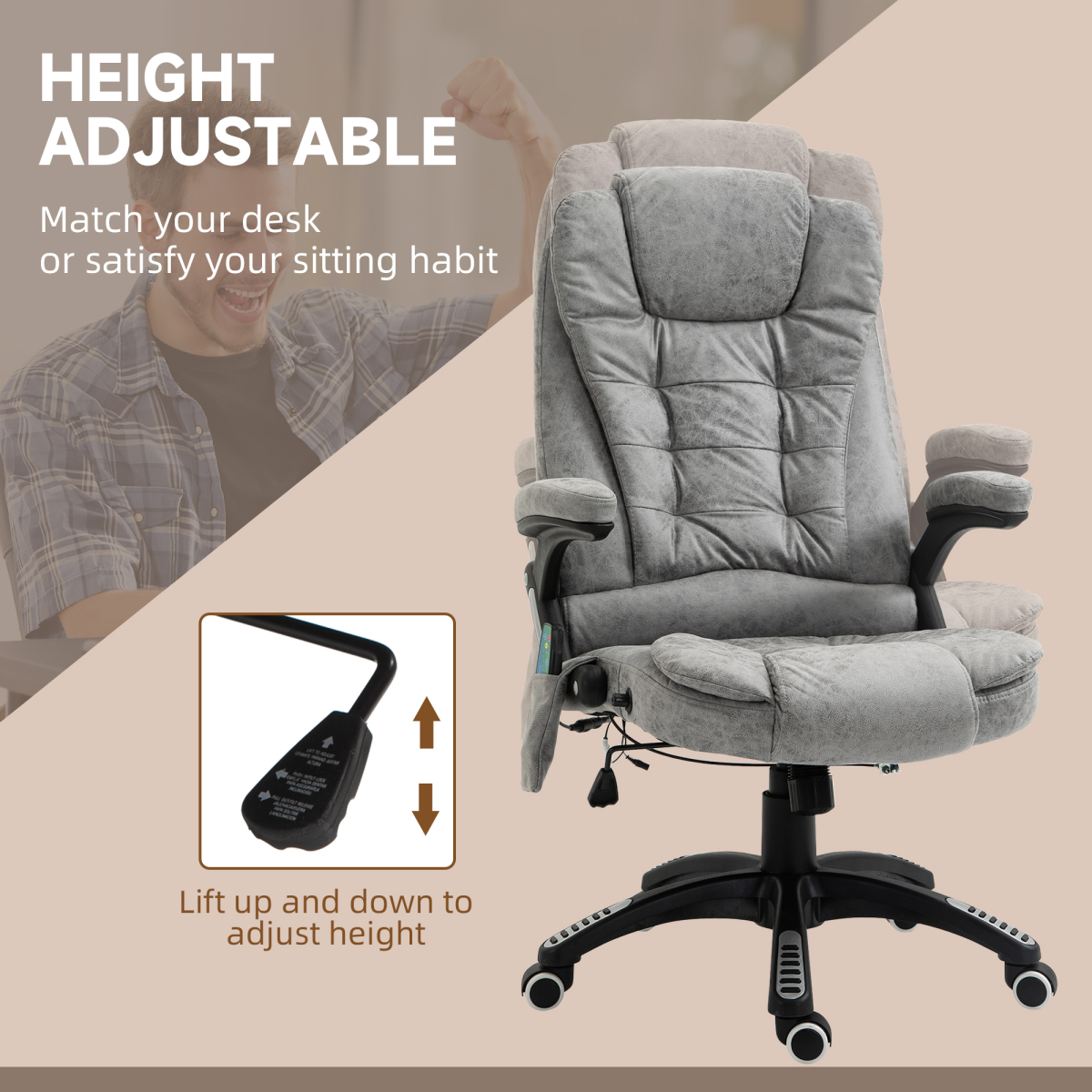 Executive Reclining Chair w/ Heating Massage Points Relaxing Headrest Grey