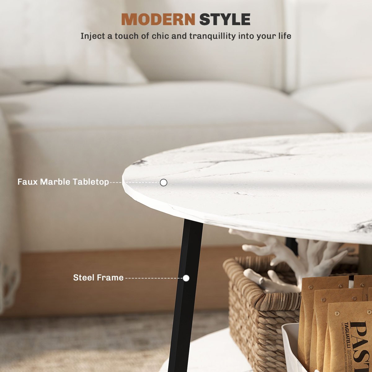 HOMCOM Round Coffee Table with Storage Shelf and Marble Effect Top, White