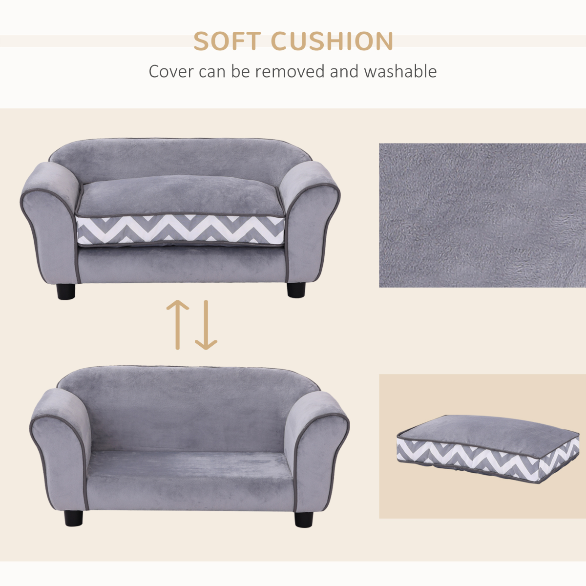 Dog Sofa Cat Couch Bed for XS Dogs w/ Removable Sponge Cushion - Grey