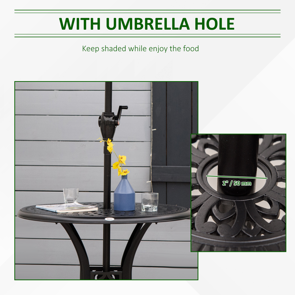 78cm Round Garden Dining Table with Parasol Hole Cast Aluminium Black Outsunny