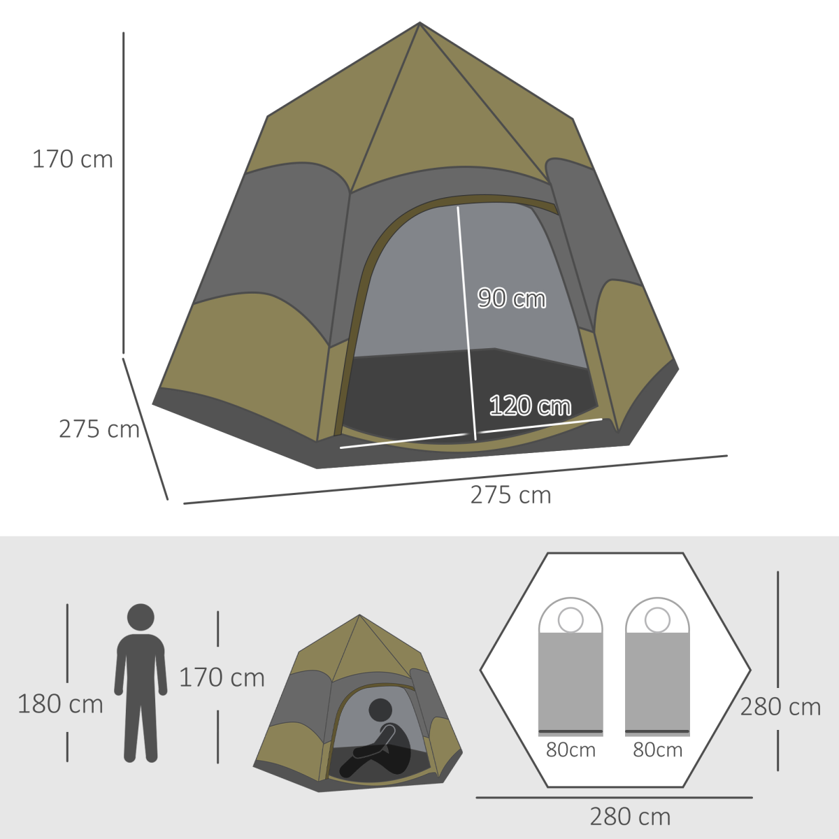 Outsunny 4 Person Camping Tent Festival Hiking Shelter, Dark Green
