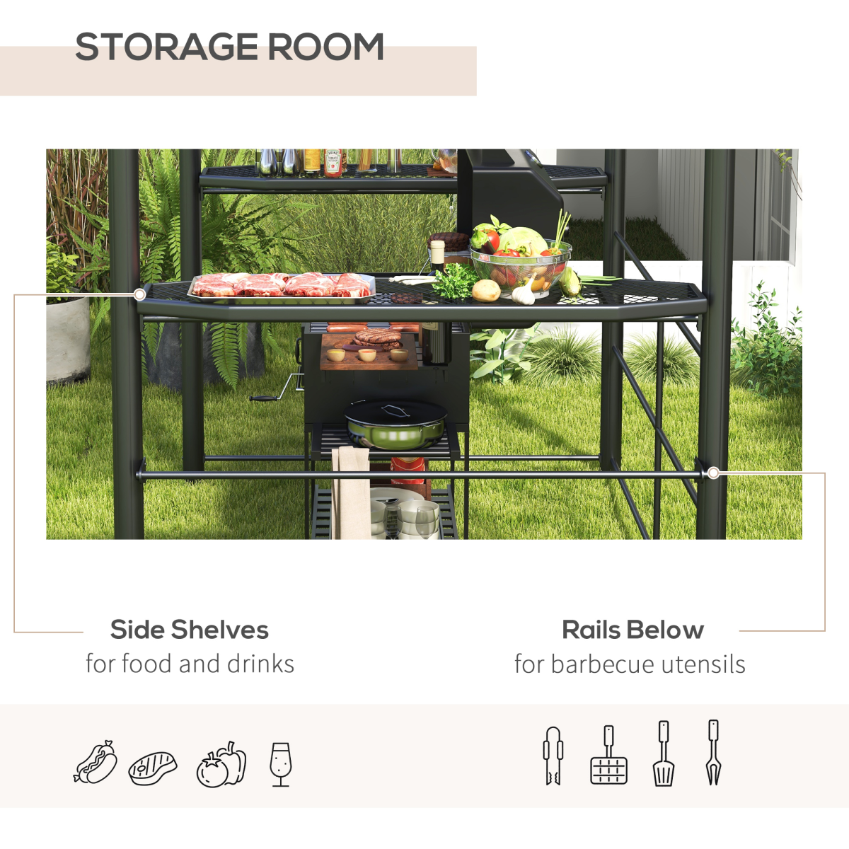 Outsunny BBQ Patio Canopy Gazebo with Interlaced Polycarbonate Roof 2 Shelves