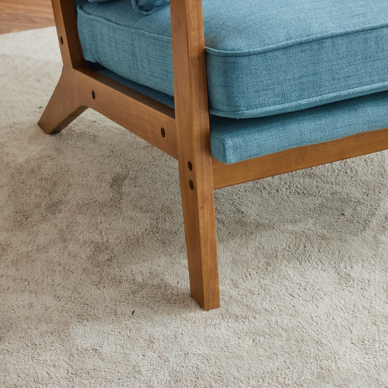 Mid-Century Oak Accent Chair - Linen-Cotton Navy Blue Upholstered Single Lounge Chair, Indoor Armchair with Sturdy Wood Frame (330LBS Weight Capacity)