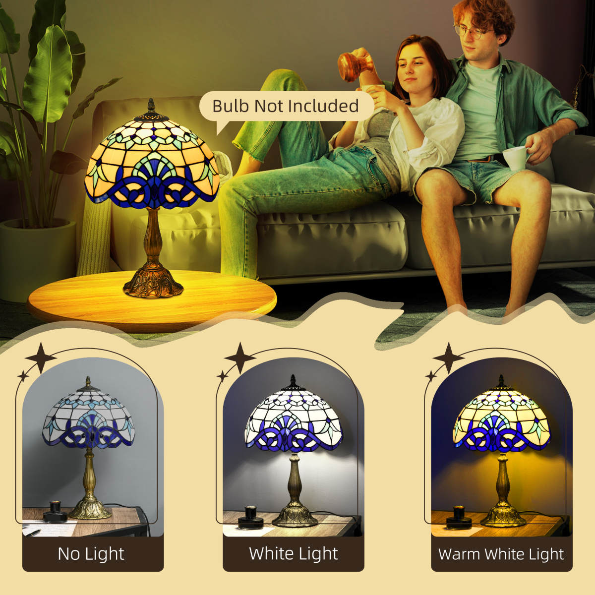 HOMCOM Stained Glass Table Lamp, for Bedroom Bedside, Bulb not Included