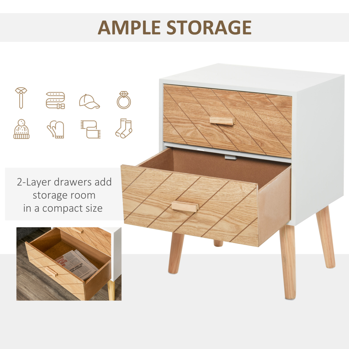 Nordic Style 2 Drawers Side Cabinet Wooden Bedside Table Storage Chest