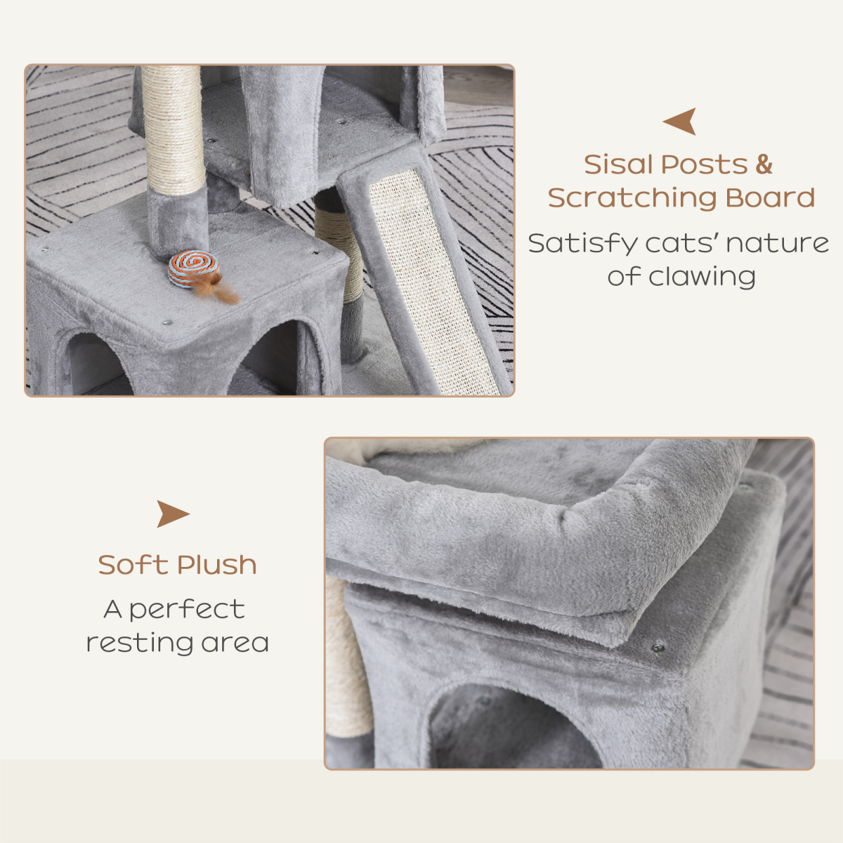 Cat Rest & Play Activity Tree w/ 2 House Cushion Perch Scratching Post Grey